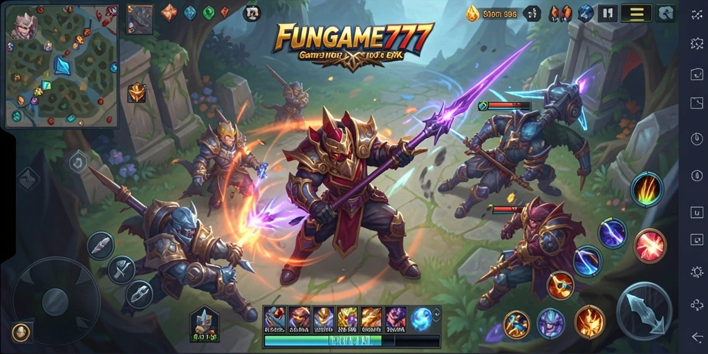 Screenshot gameplay FUNGAME777 dengan aksi MOBA yang mendebarkan.