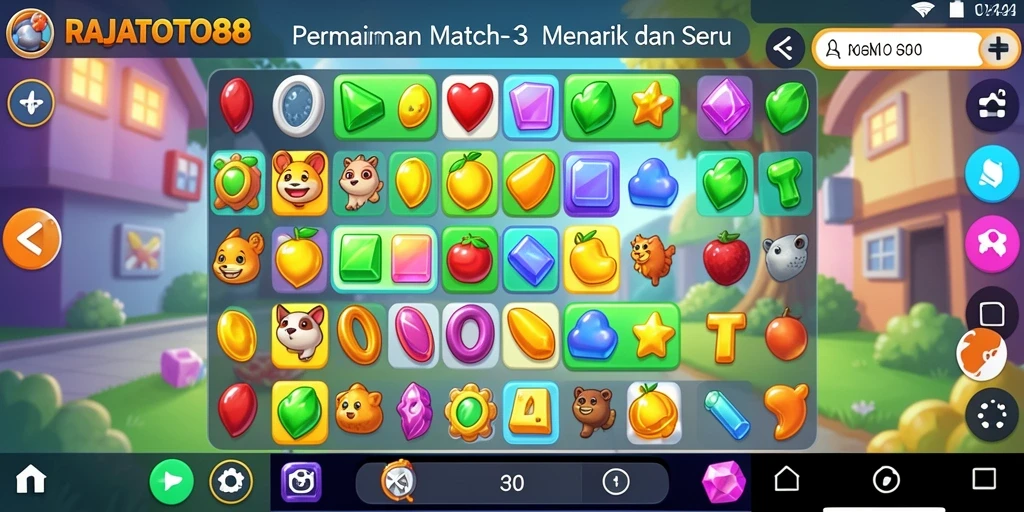 Screenshot utama RAJATOTO88 dengan gameplay Match-3 yang seru.